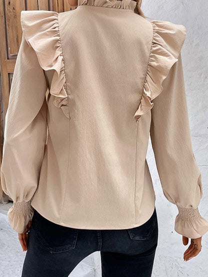 Khaki Flounce Sleeve Ruffle Blouse