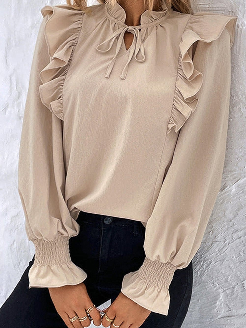 Khaki Flounce Sleeve Ruffle Blouse