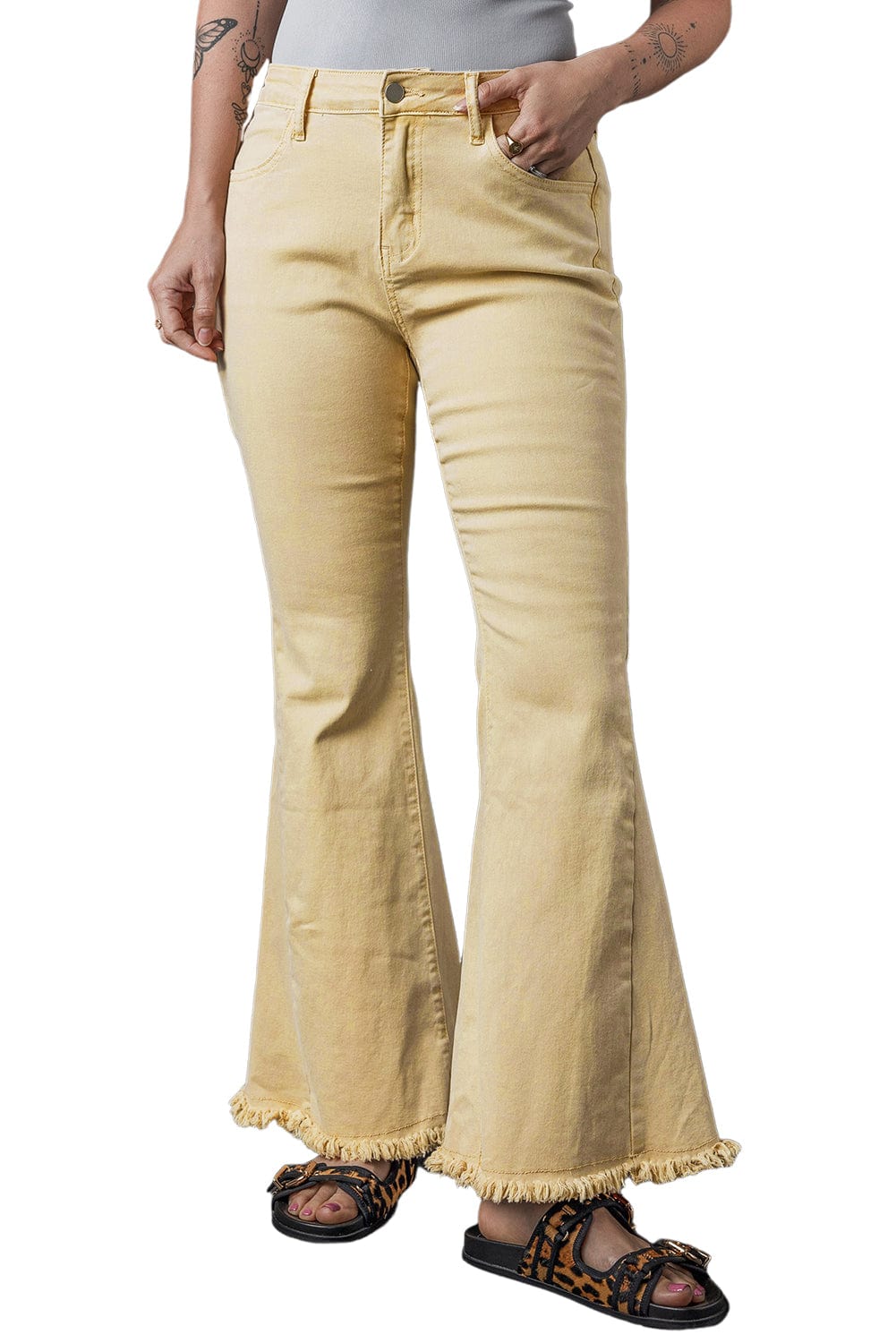 Khaki Frayed Hem High Waist Denim Flare Pants