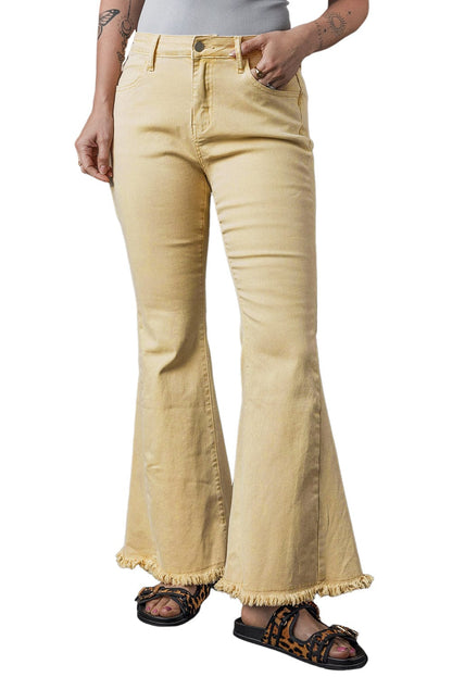 Khaki Frayed Hem High Waist Denim Flare Pants