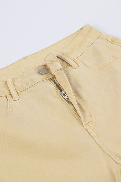 Khaki Frayed Hem High Waist Denim Flare Pants