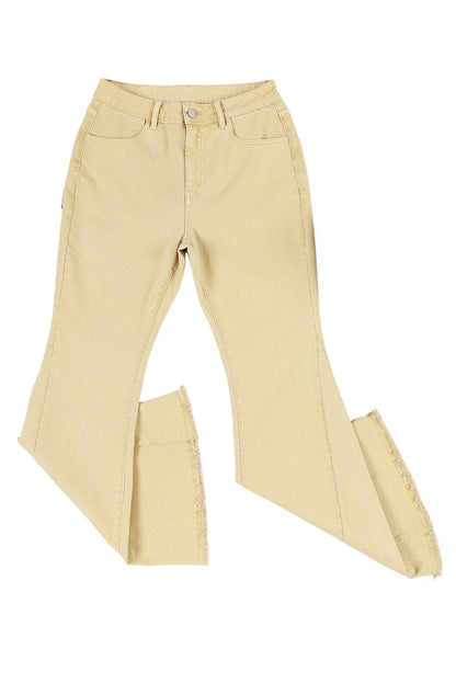 Khaki Frayed Hem High Waist Denim Flare Pants