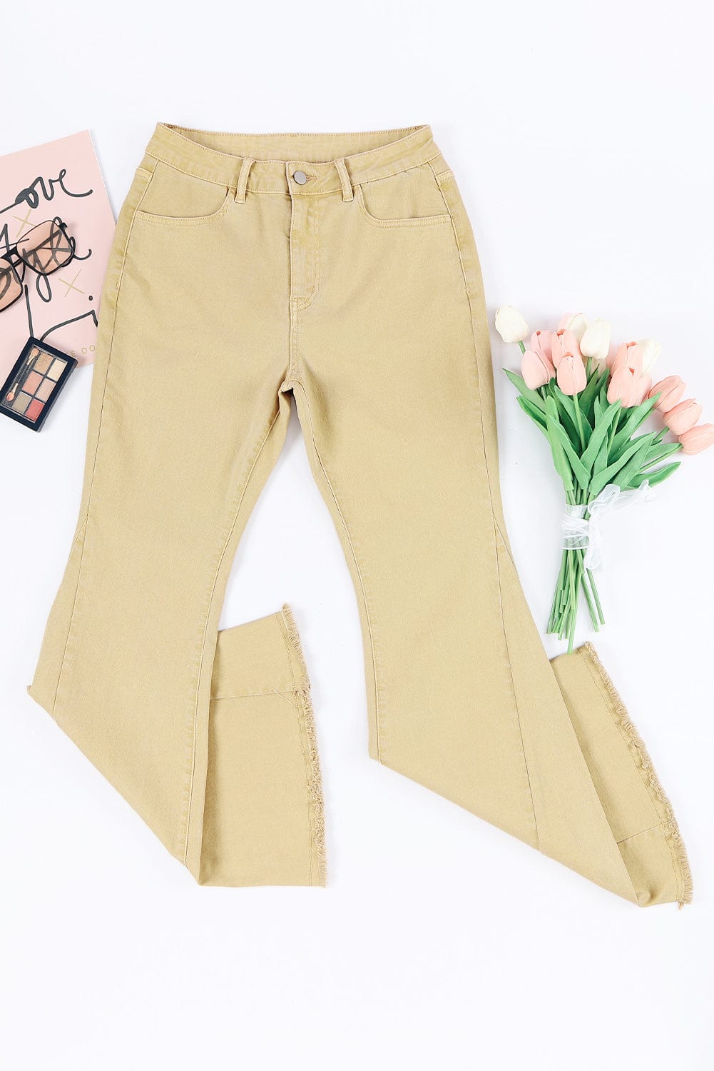 Khaki Frayed Hem High Waist Denim Flare Pants