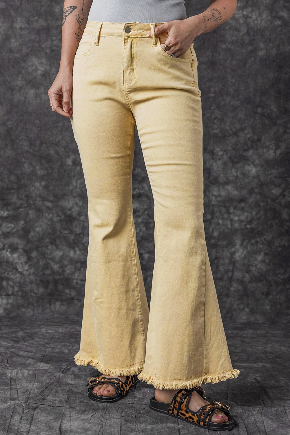 Khaki Frayed Hem High Waist Denim Flare Pants