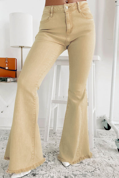 Khaki Frayed Hem High Waist Denim Flare Pants