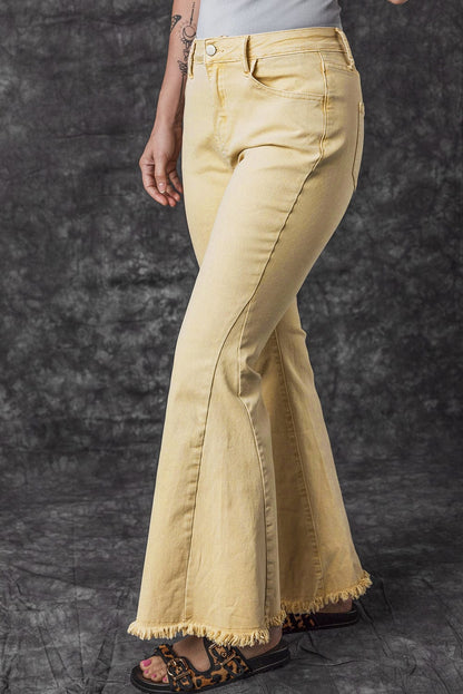 Khaki Frayed Hem High Waist Denim Flare Pants