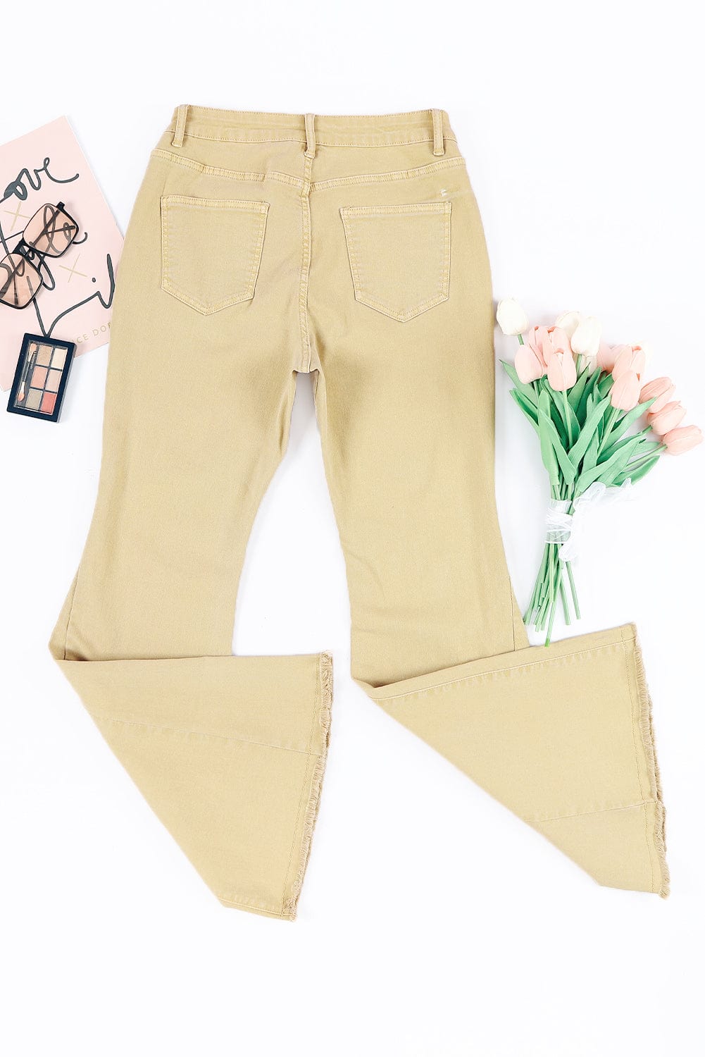 Khaki Frayed Hem High Waist Denim Flare Pants