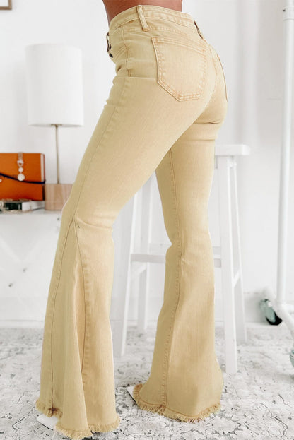 Khaki Frayed Hem High Waist Denim Flare Pants
