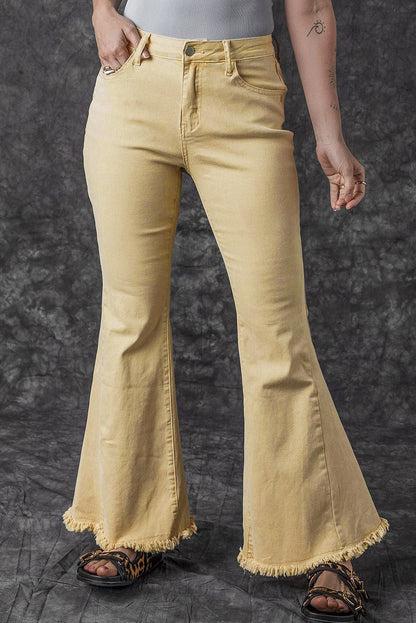 Khaki Frayed Hem High Waist Denim Flare Pants