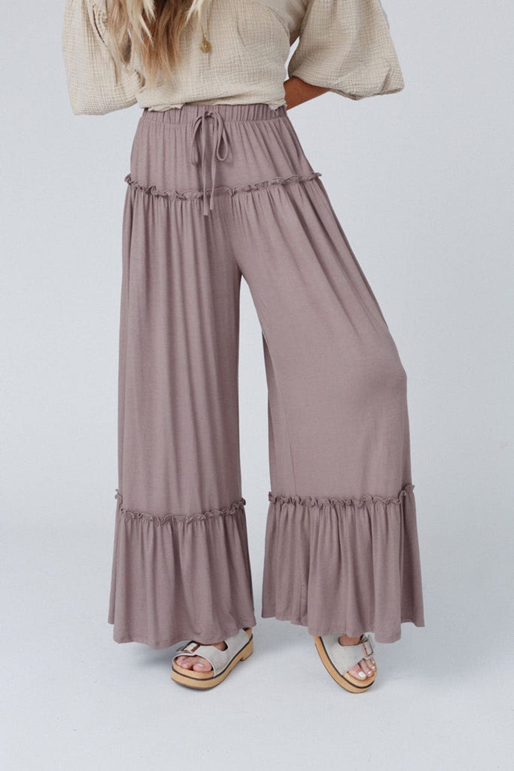 Khaki Frilled High Waist Wide Leg Casual Pants