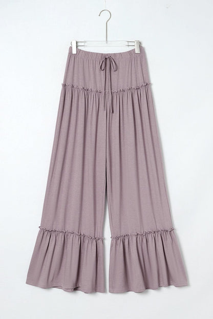 Khaki Frilled High Waist Wide Leg Casual Pants