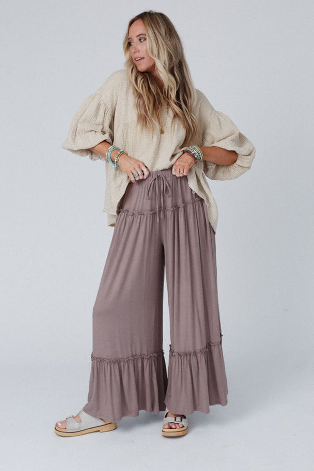 Khaki Frilled High Waist Wide Leg Casual Pants