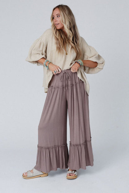 Khaki Frilled High Waist Wide Leg Casual Pants