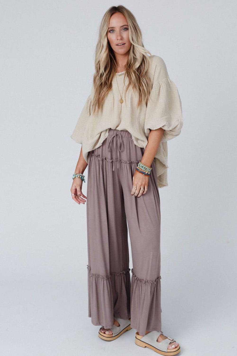 Khaki Frilled High Waist Wide Leg Casual Pants