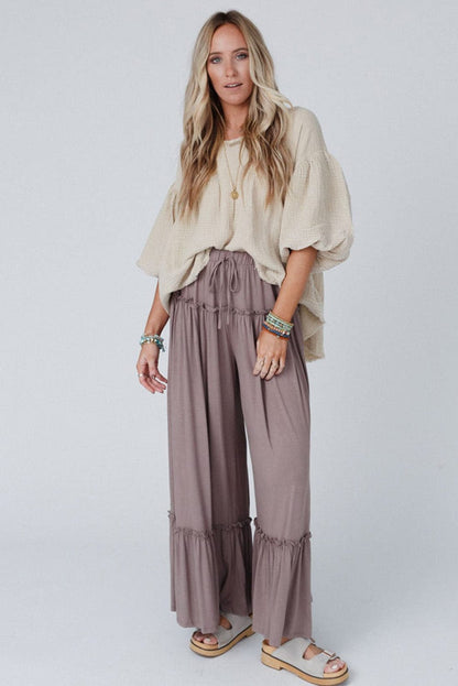 Khaki Frilled High Waist Wide Leg Casual Pants