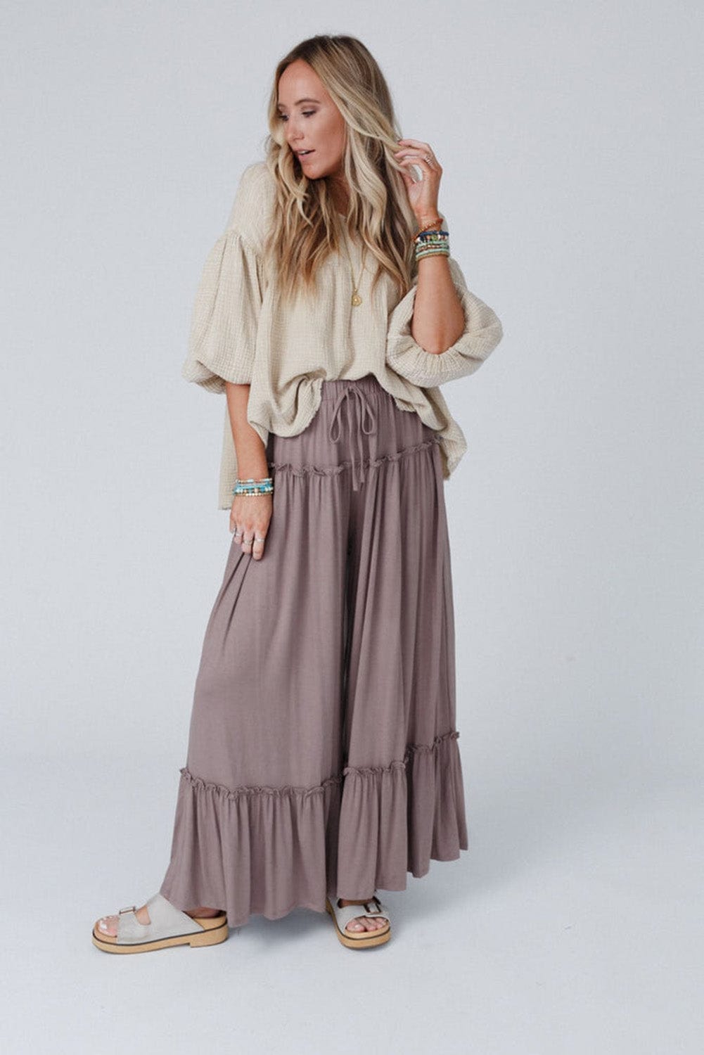 Khaki Frilled High Waist Wide Leg Casual Pants