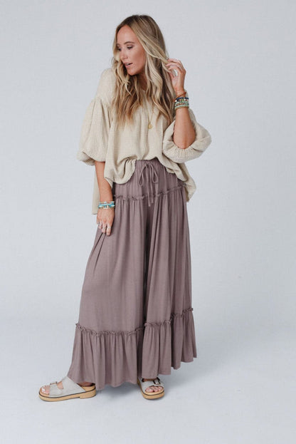 Khaki Frilled High Waist Wide Leg Casual Pants