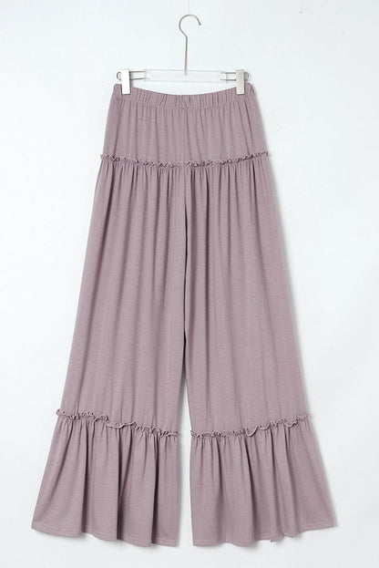 Khaki Frilled High Waist Wide Leg Casual Pants