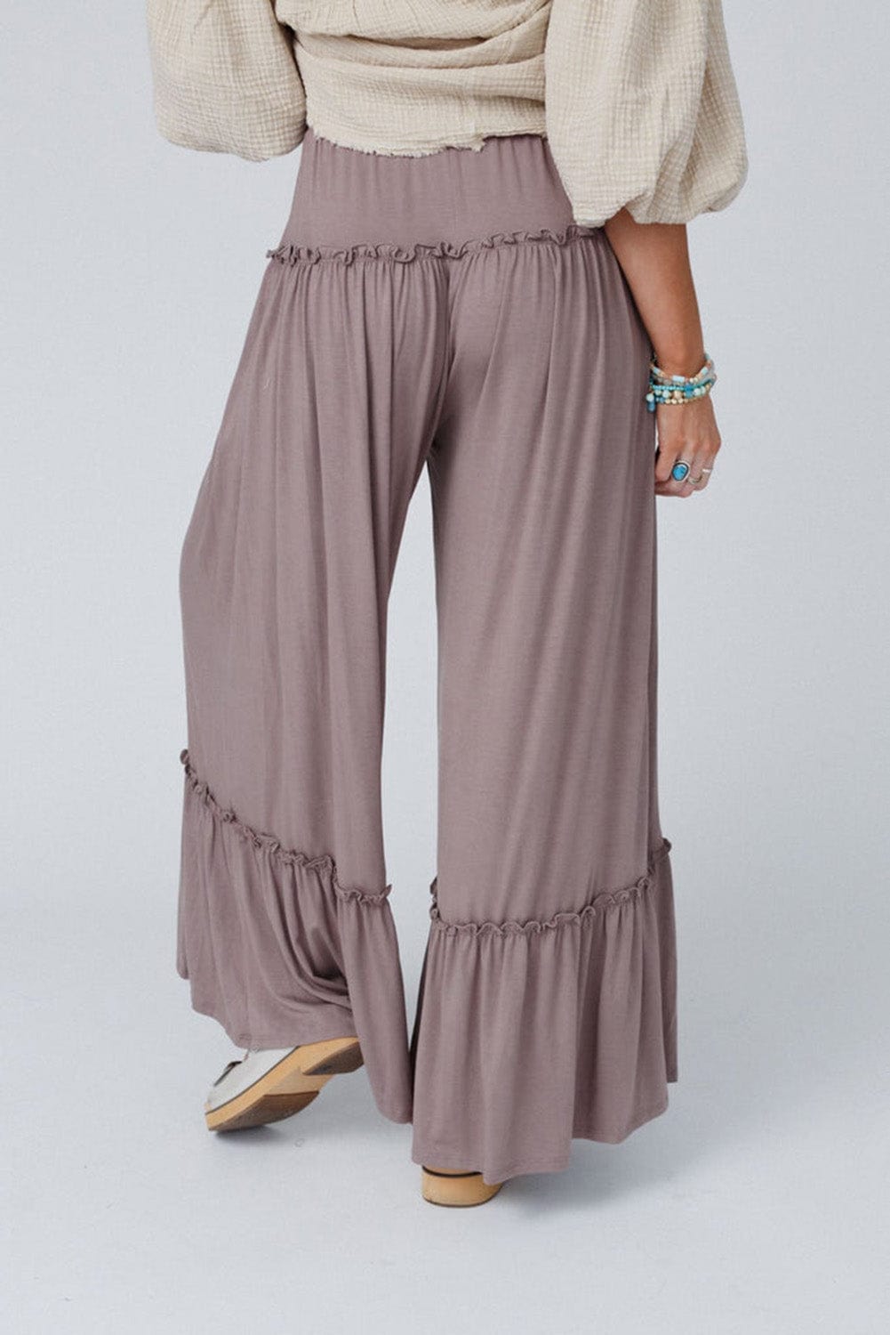 Khaki Frilled High Waist Wide Leg Casual Pants