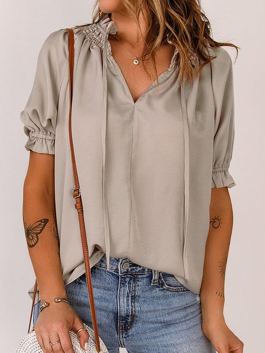 Khaki Frilled Split Neck Puff Sleeve Top