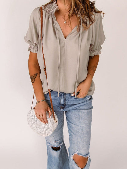 Khaki Frilled Split Neck Puff Sleeve Top