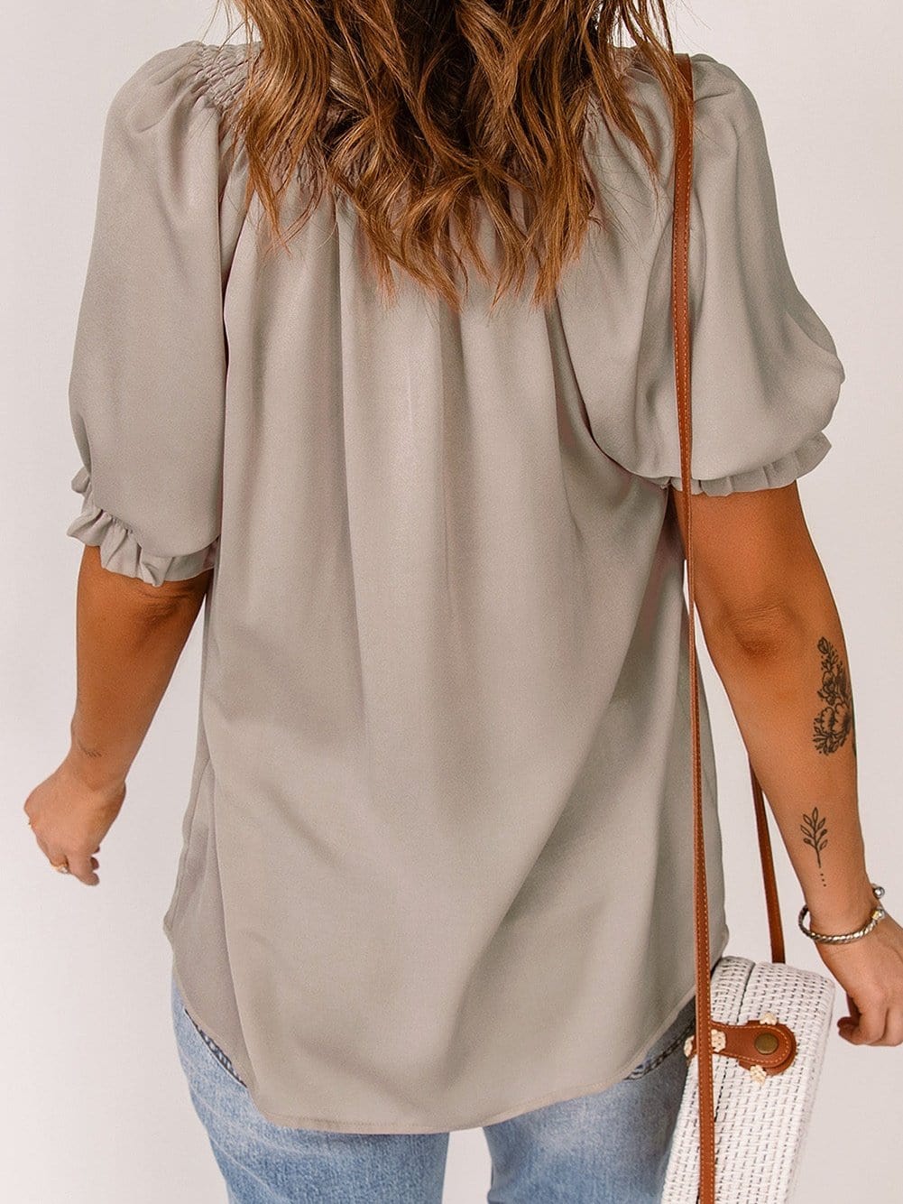 Khaki Frilled Split Neck Puff Sleeve Top
