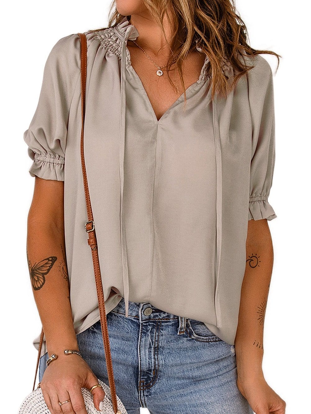 Khaki Frilled Split Neck Puff Sleeve Top