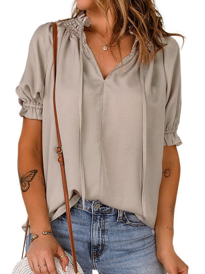 Khaki Frilled Split Neck Puff Sleeve Top