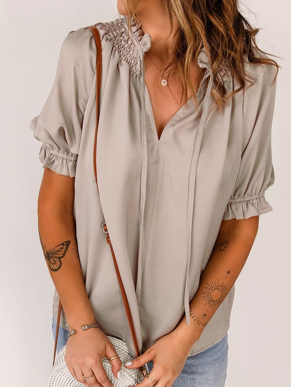 Khaki Frilled Split Neck Puff Sleeve Top