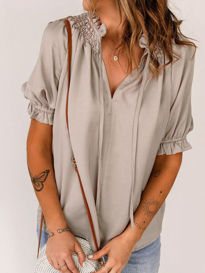 Khaki Frilled Split Neck Puff Sleeve Top