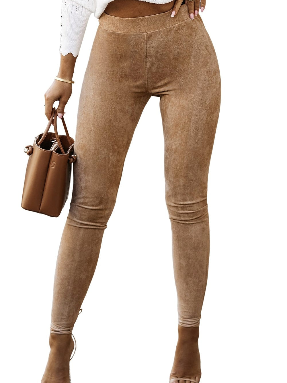 Khaki High Waist Faux Suede Skinny Leggings