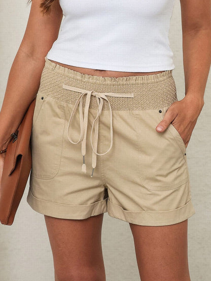 Khaki High Waist Smocked Drawstring Shorts