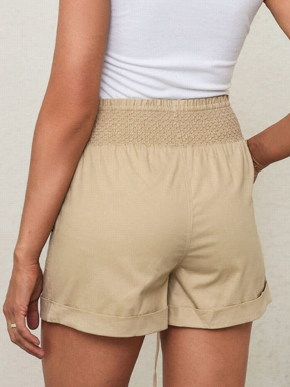 Khaki High Waist Smocked Drawstring Shorts