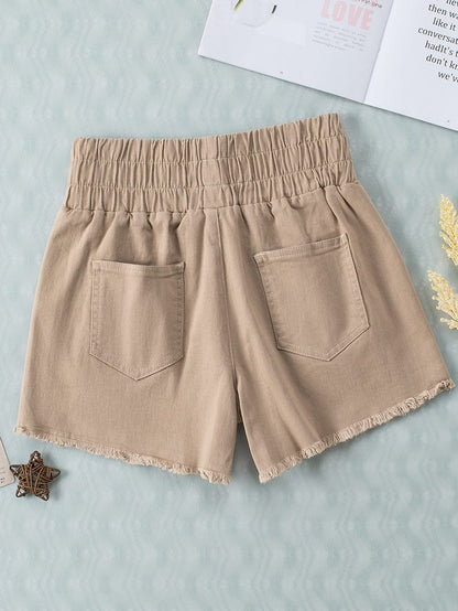 Khaki High Waist Smocked Elastic Denim Shorts