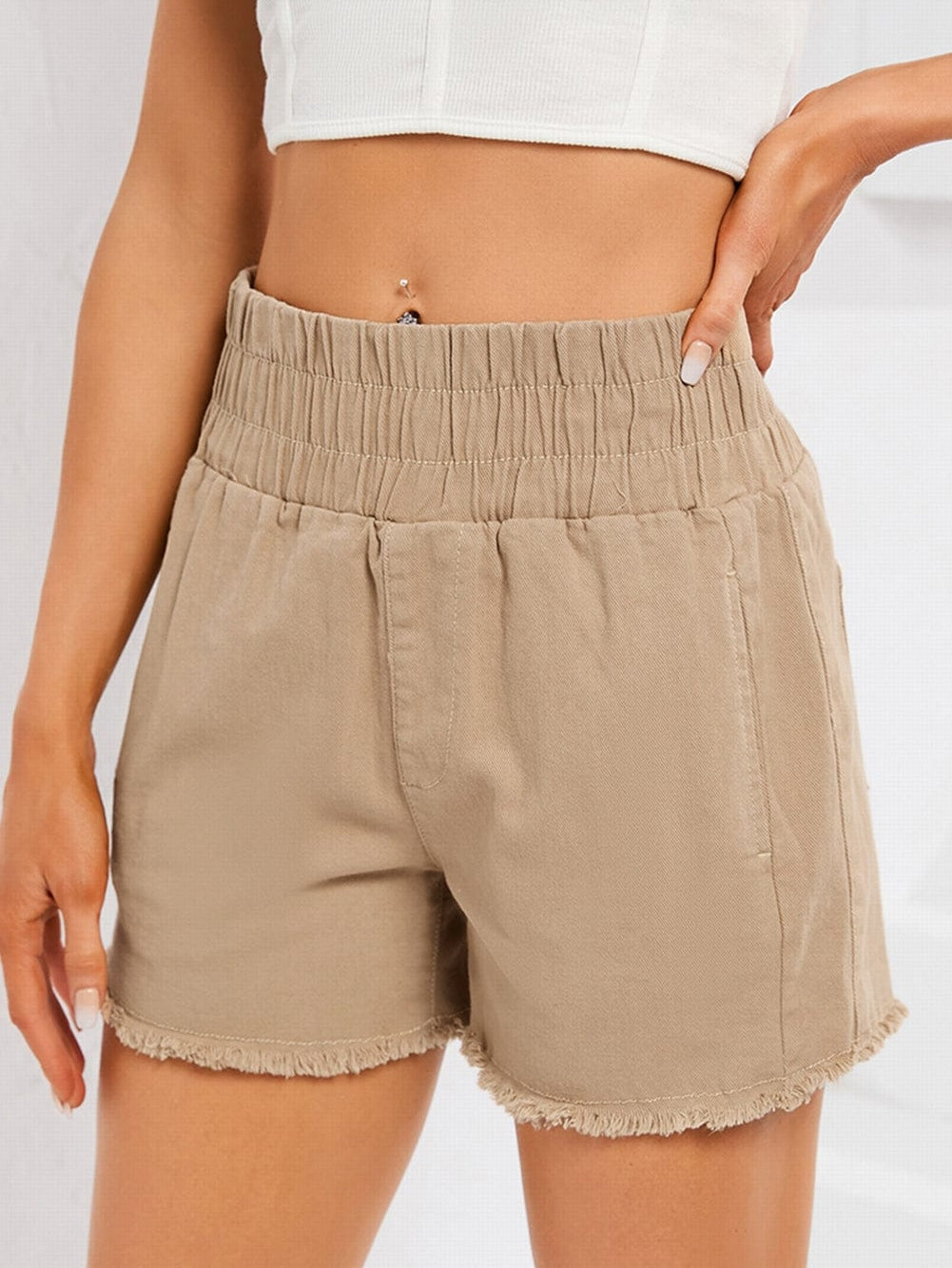 Khaki High Waist Smocked Elastic Denim Shorts
