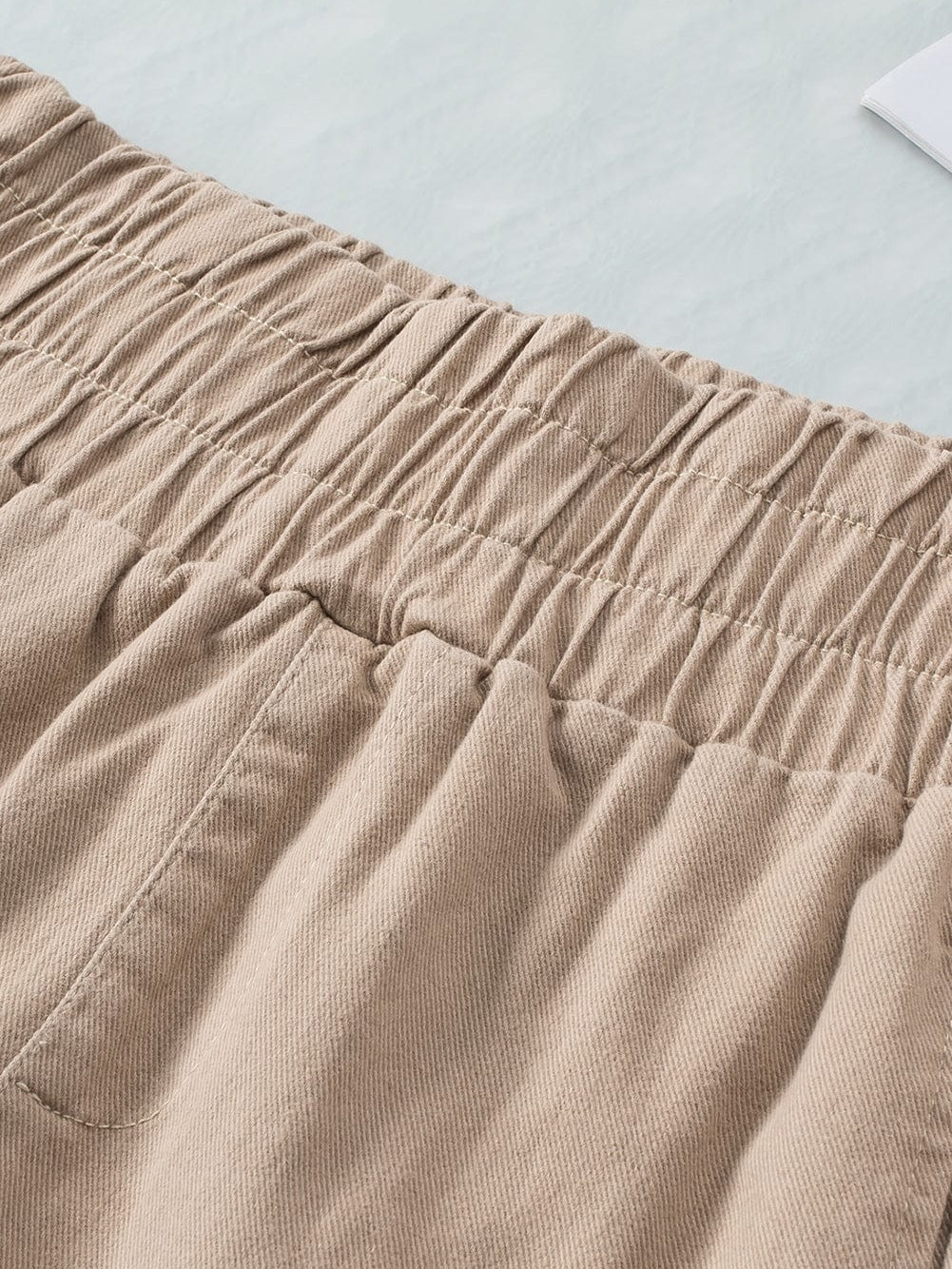 Khaki High Waist Smocked Elastic Denim Shorts