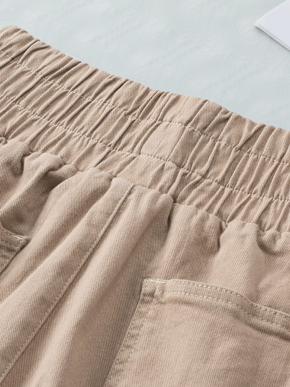 Khaki High Waist Smocked Elastic Denim Shorts