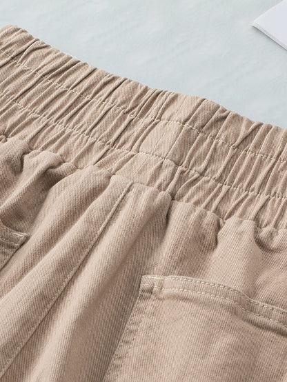 Khaki High Waist Smocked Elastic Denim Shorts