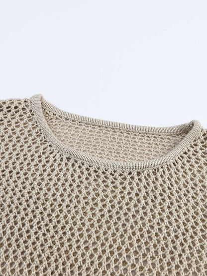 Khaki Hollow Knit Sweater with Open Stitch Detail