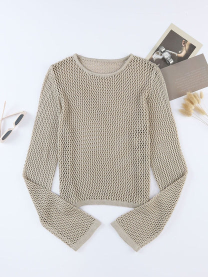 Khaki Hollow Knit Sweater with Open Stitch Detail