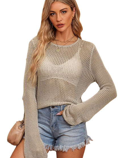 Khaki Hollow Knit Sweater with Open Stitch Detail