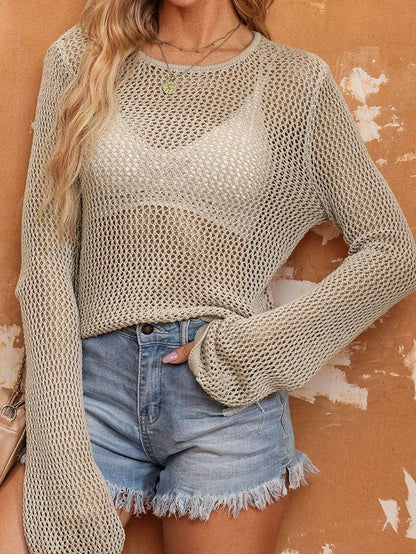 Khaki Hollow Knit Sweater with Open Stitch Detail