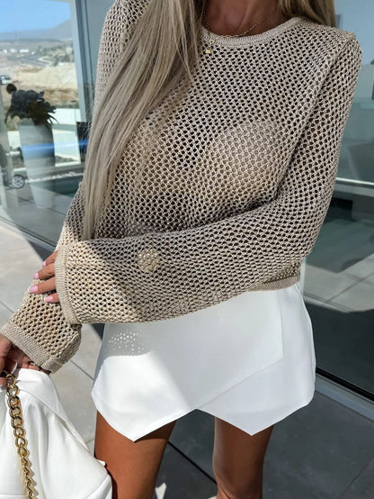 Khaki Hollow Knit Sweater with Open Stitch Detail