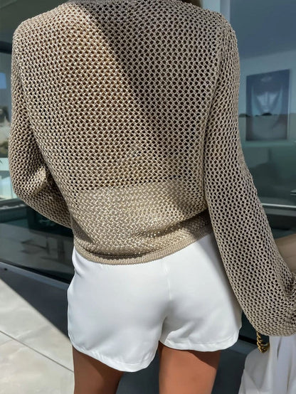 Khaki Hollow Knit Sweater with Open Stitch Detail