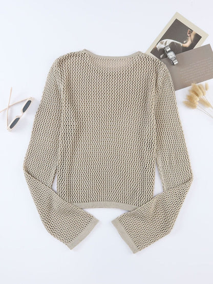 Khaki Hollow Knit Sweater with Open Stitch Detail