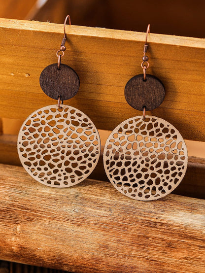 Khaki Hollow Out Wooden Round Drop Earrings