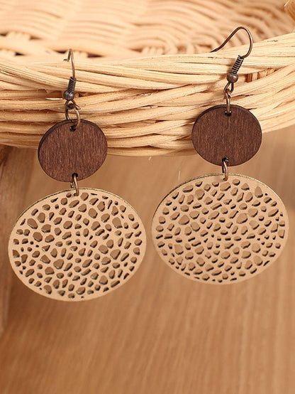 Khaki Hollow Out Wooden Round Drop Earrings