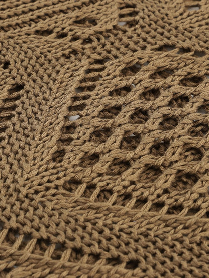 Khaki Hollowed Knit V Neck Batwing Sleeve Shift Sweater