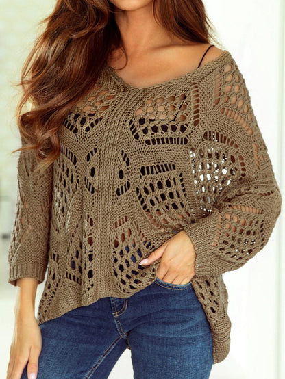 Khaki Hollowed Knit V Neck Batwing Sleeve Shift Sweater