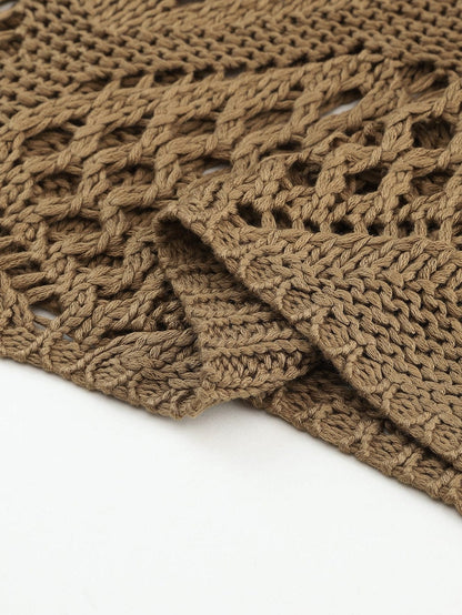 Khaki Hollowed Knit V Neck Batwing Sleeve Shift Sweater